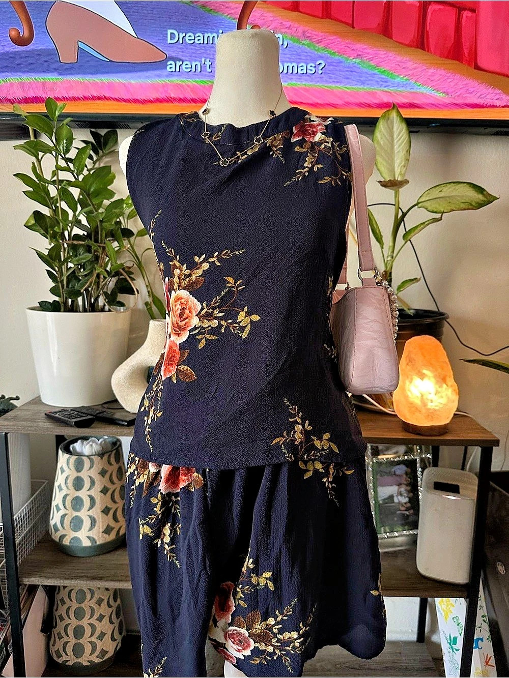 Altar'd State Navy Blue Floral Open Draped Back Romper Boho